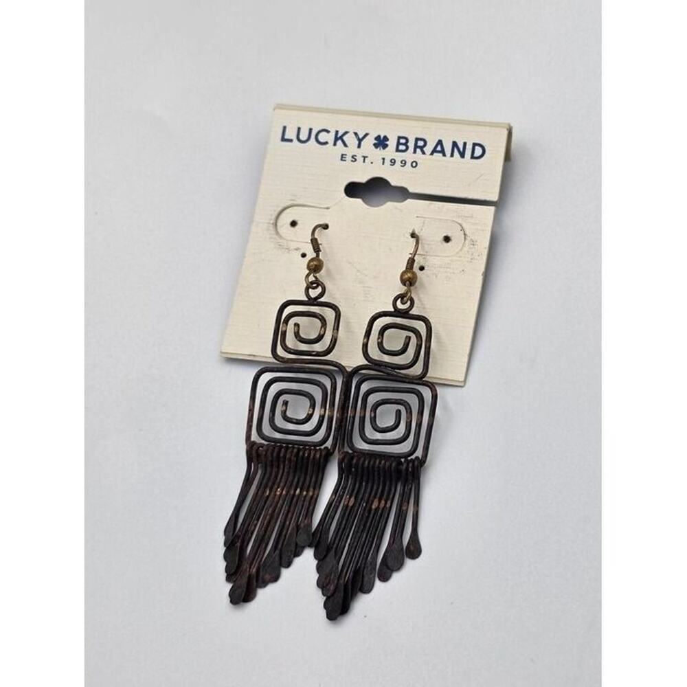 Lucky Brand Bronze Tone Square Spiral Hammered Fringe Drop Earrings NEW
